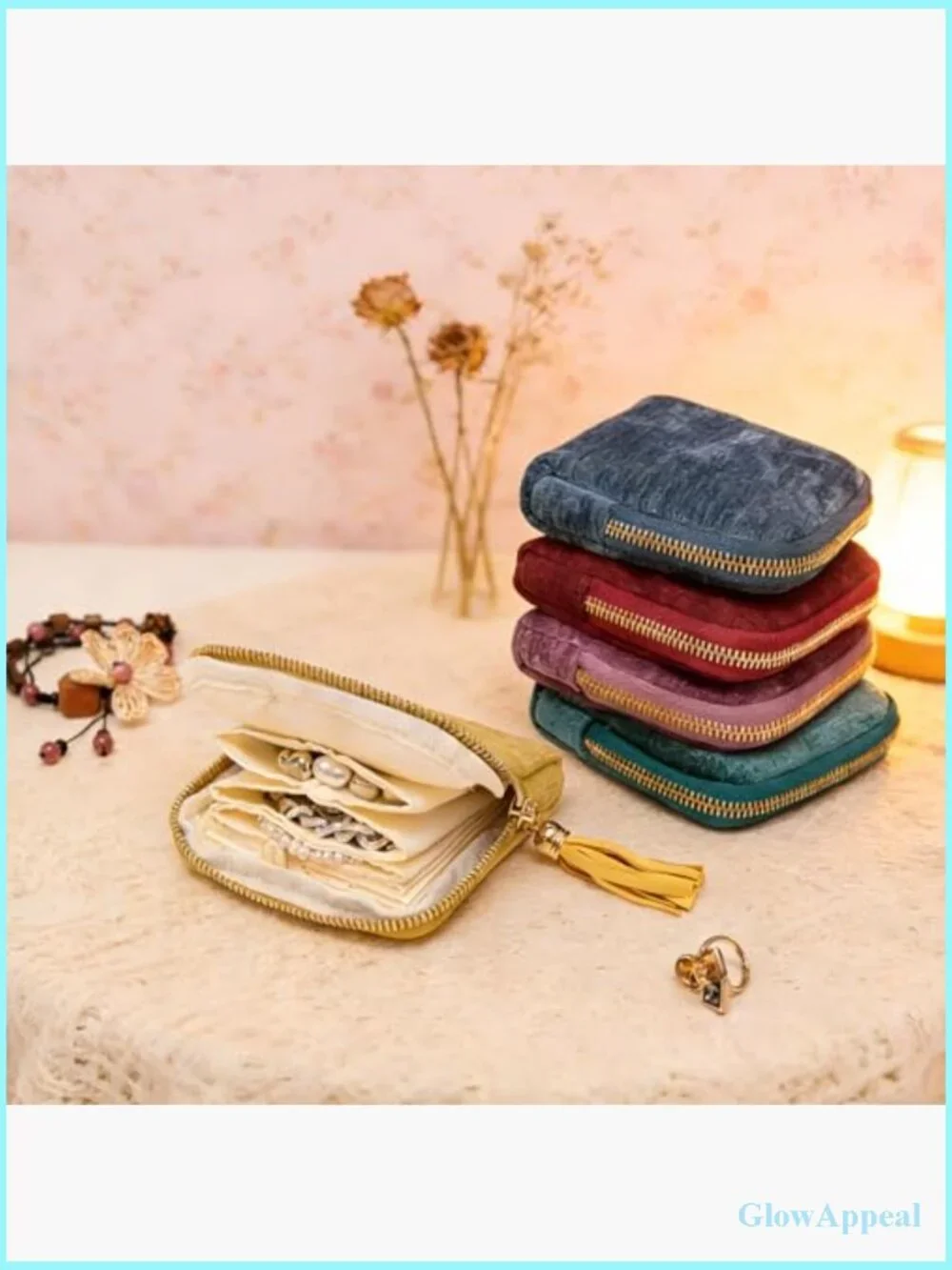 Mini Velvet Travel Jewelry Pouch with 6 Pockets & Tassel Zipper